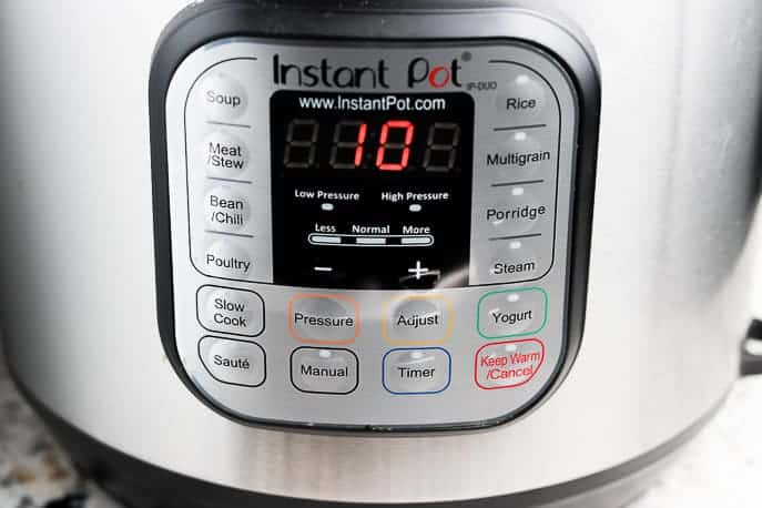 Instant Pot with timer set to 10 minutes to make Instant Pot Homemade BBQ Sauce from Gourmet Done Skinny