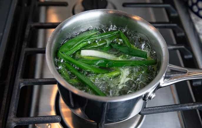 pot of boiling water with green onions