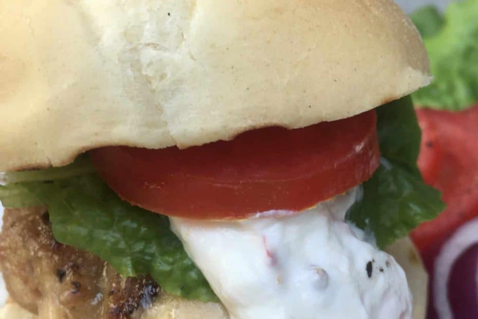 Scrumptious Turkey Slider from Gourmet Done Skinny with Jalapeno cream sliding off slider