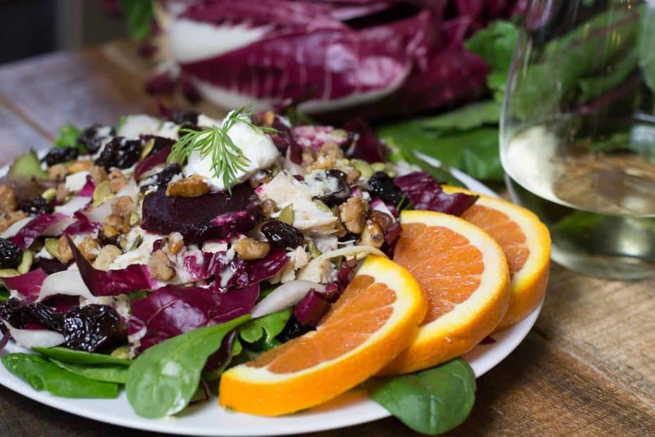 Chicken and roasted beet salad with oranges and wine
