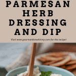 Healthy Creamy Parmesan Herb Dressing and Dip with crackers on a blue cloth