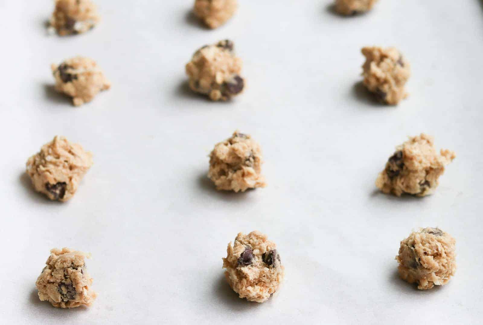 Best Chocolate Chip Cookie dough on a baking sheet lined with parchment paper.