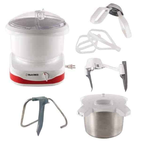 mixer with attachments on a white background-cake paddles, cookie paddies, scraper and ice cream maker