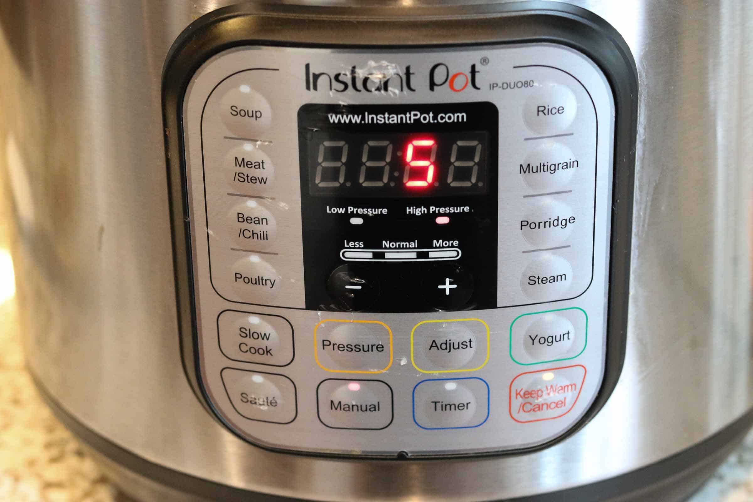 Instant Pot with timer set to 5 minutes from Gourmet Done Skinny