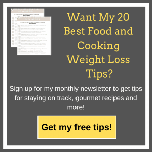 Want my 20 Best Food and Cooking tips sign from Gourmet Done Skinny on a grey background with beige border and yellow button