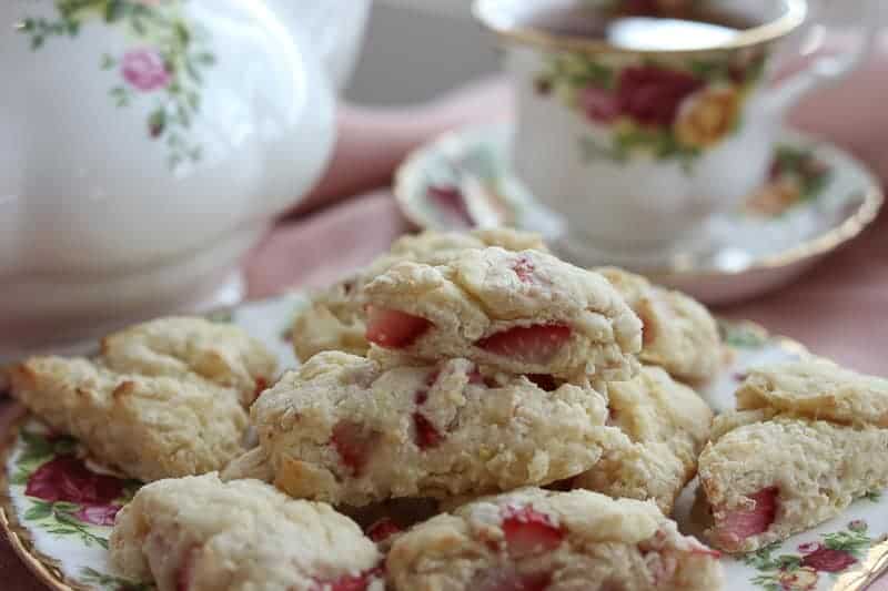 Delicious Easy Mini Strawberry Lemon Scones on a Royal Dalton Old Country Roses plate with tea pot and tea cup with tea from Gourmet Done Skinny