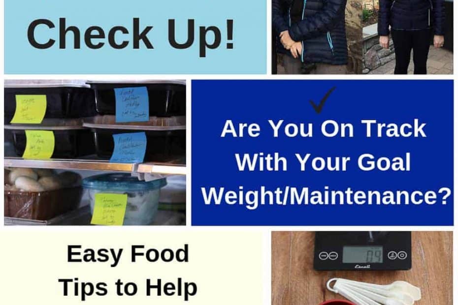 Quarterly check up on weight loss/weigh maintenance goals collage with before and after pic, food prep containers and measuring cups, spoons and food scale from Gourmet Done Skinny