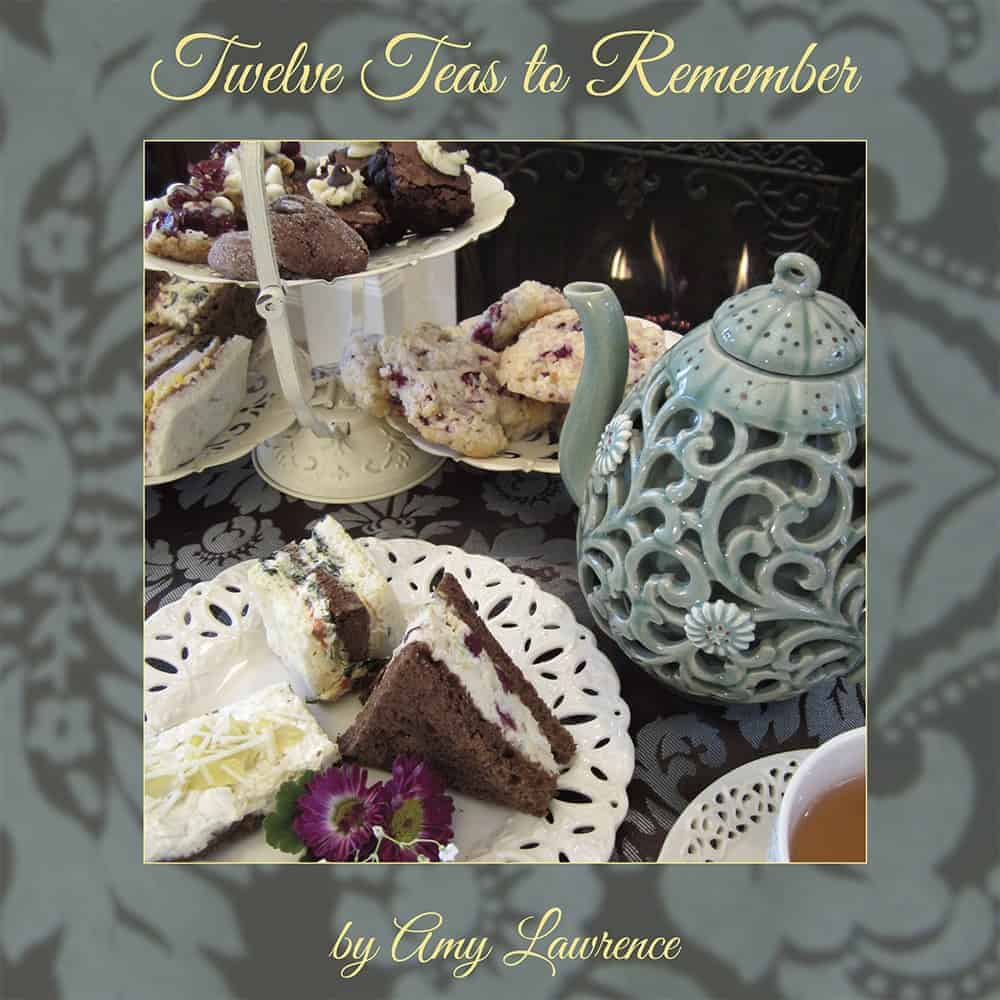 tea border with tea tray, plate of tea sandwiches, tea pot and tea from Gourmet Done Skinny