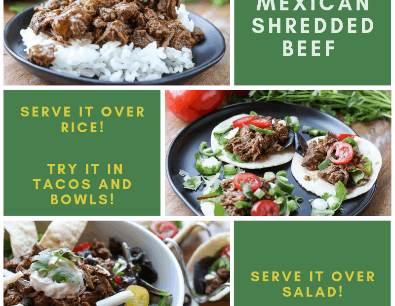 Grid with 6 squares - 3 pictures of different ways to serve Instant Pot Mexican Shredded Beef - over rice, in tacos and over salad from Gourmet Done Skinny