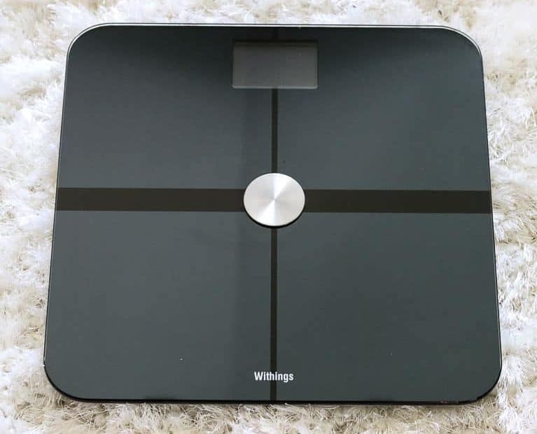 Withings Scale on a white rug from Gourmet Done Skinny