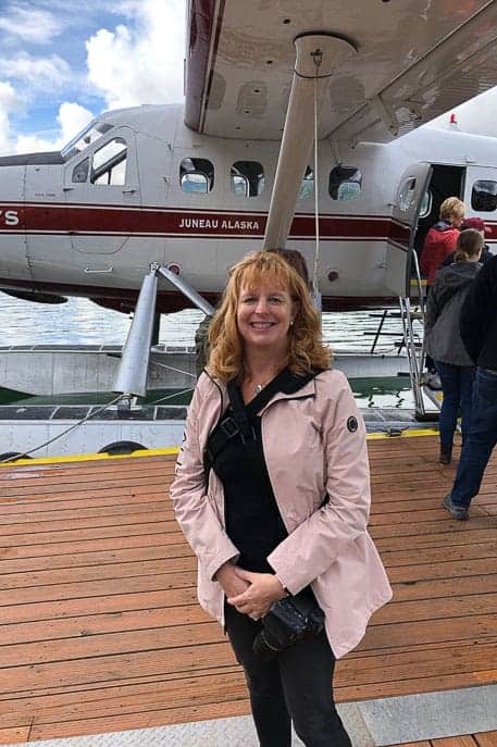 Amy waiting for the seaplane to take off to her trip to the Taku Lodge in Alaska