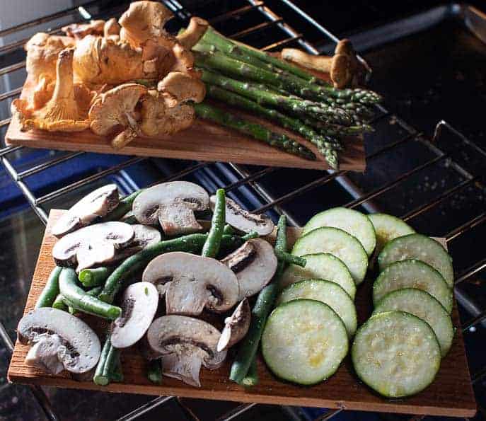 Cedar planks with vegetables on oven rack from Gourmet Done Skinny