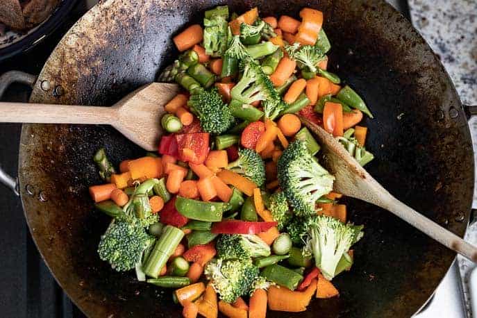 vegetables in a wok with 2 wooden spoons