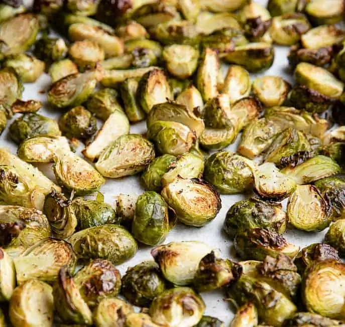 roasted brussels sprouts on a baking sheet