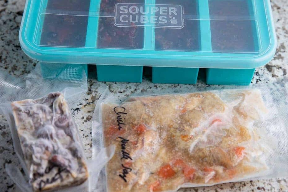 souper cube with lid, 2 vacuum sealed bags with soup