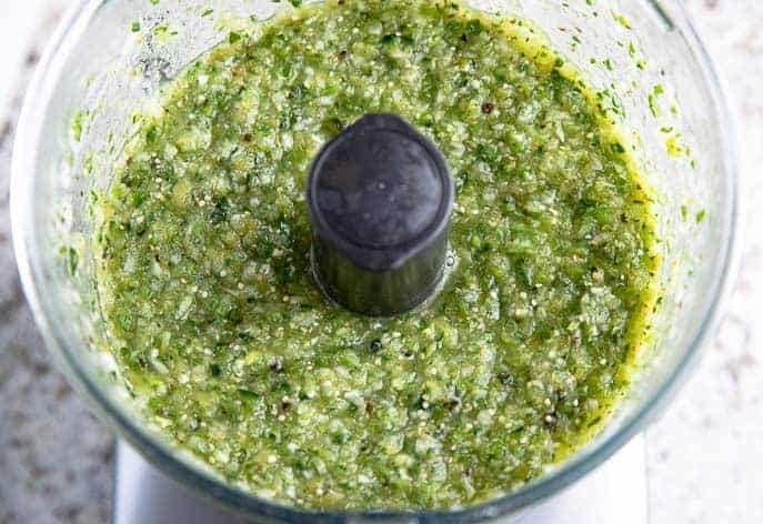 roasted green tomatillo salsa in a food processor