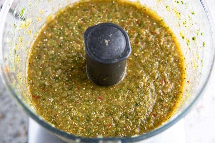roasted red tomatillo salsa in a food processor