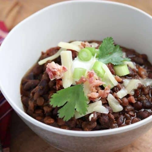 Lentil and Bean Chili in a white bowl