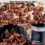 roasted pecans on top, pecans in bowl with spice- bottom
