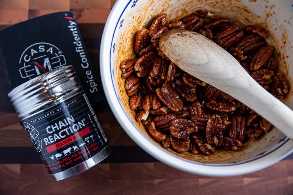 pecans in a bowl with spoon, Chain Reaction Spice