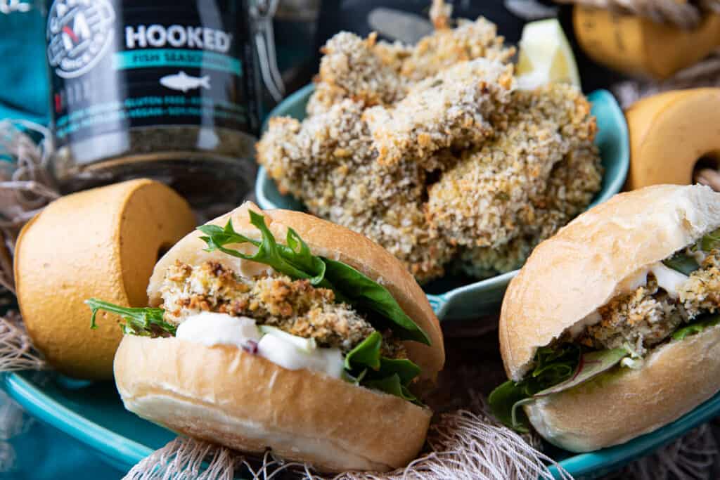 fish sliders, fish bites and Hooked Seasoning in the background