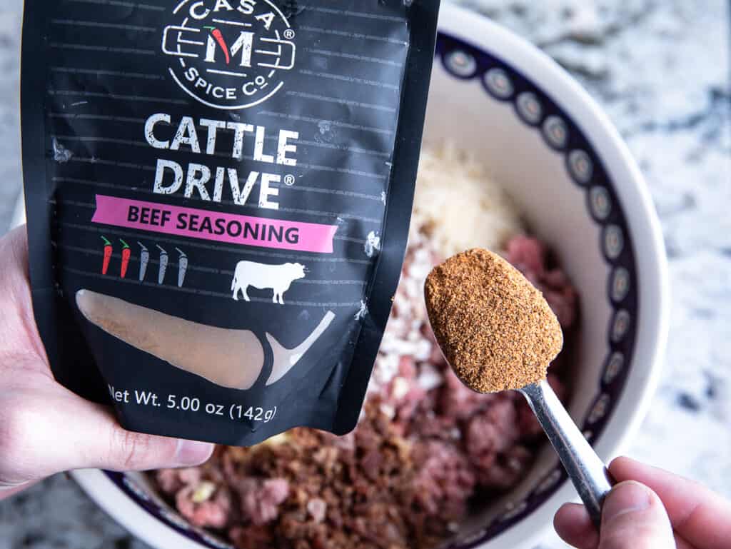 Cattle Drive seasoning, tablespoon, bowl with ground beef